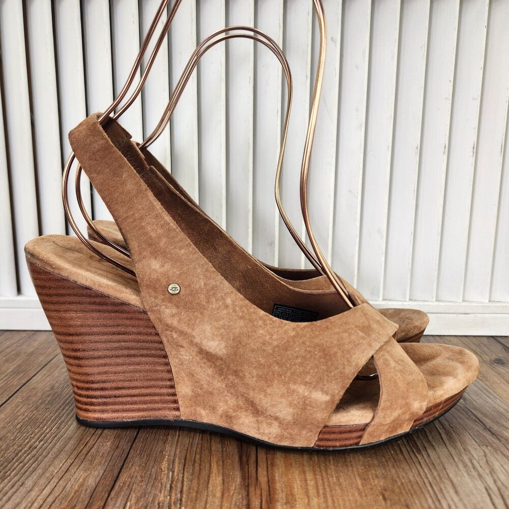 UGG Hazel Suede Slingback Sandals Women's 8 Tan Criss Cross Open Toe Wedge Shoes